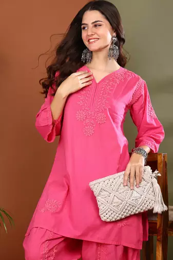 women pink cotton chikankari kurta with dhoti pants hand embroidered ethnic set