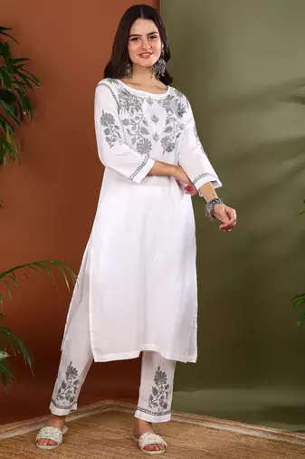 Floral embroidered chikankari straight cotton white & grey kurta with palazzos