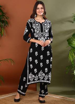 Ethnic motif embroidered chikankari black rayon kurta with palazzos 6