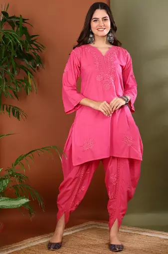 women pink cotton chikankari kurta with dhoti pants hand embroidered ethnic set
