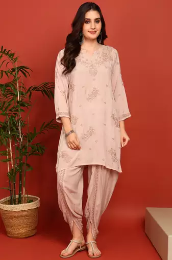 Women's dusty beige authentic chikankari ethnic motif modal kurta with dhoti pants