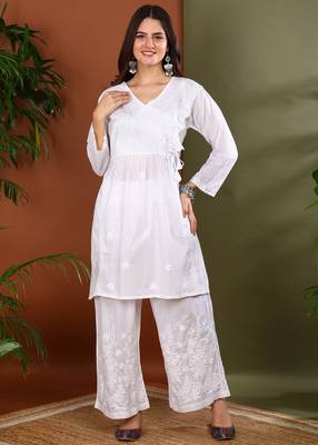 White cotton angrakha kurta with dori tie up & palazzos set 6