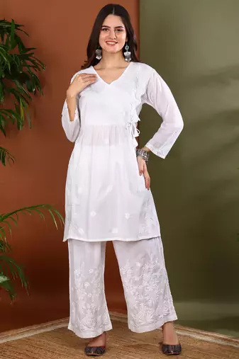 White cotton angrakha kurta with dori tie up & palazzos set