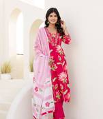 Pink women floral printed aline kurta pant with dupatta set
