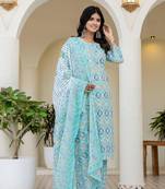 Light blue women floral printed aline kurta pant with dupatta set