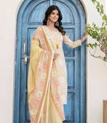 Beige women embroidered floral printed aline kurta pant with dupatta set