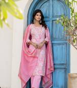 Pink women embroidered floral printed aline kurta pant with dupatta set