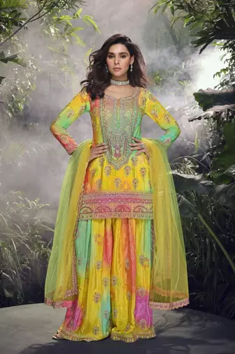 Multicolor embroidered silk stitched palazzo suit(free size)