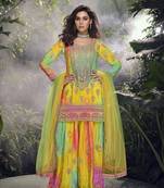 Multicolor embroidered silk stitched palazzo suit(free size)