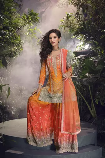 Multicolour embroderied silk stitched plazo suit(free size)