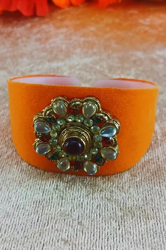 Orange acrylic kundan stud free size bracelets