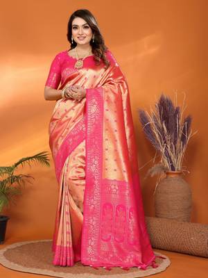 Peach tissue silk blend saree with weaving zari work 1