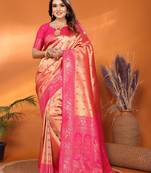 Peach tissue silk blend saree with weaving zari work