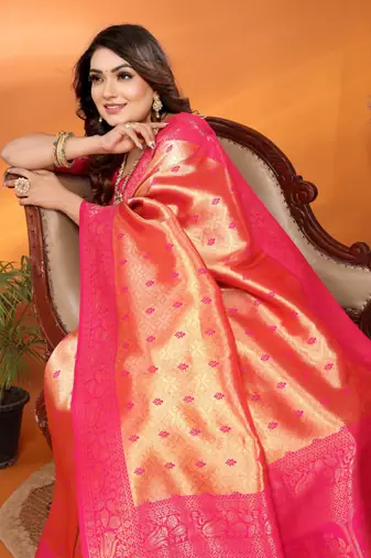 Peach tissue silk blend saree with weaving zari work