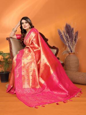 Peach tissue silk blend saree with weaving zari work 3