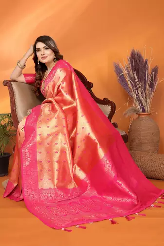 Peach tissue silk blend saree with weaving zari work