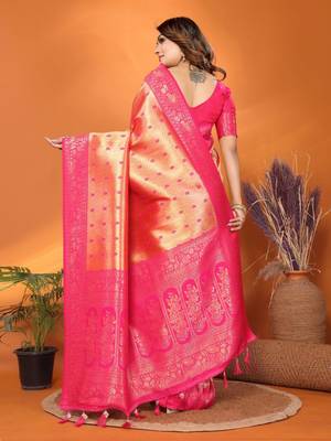 Peach tissue silk blend saree with weaving zari work 4
