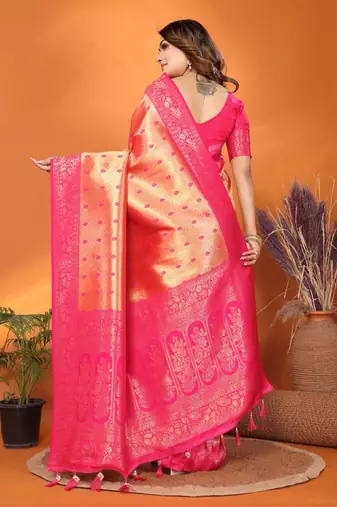 Peach tissue silk blend saree with weaving zari work