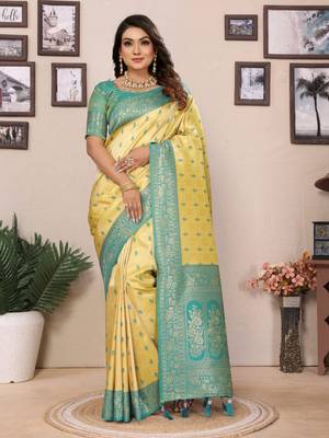 Yellow tissue silk blend saree with weaving zari work 1