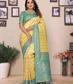Yellow tissue silk blend saree with weaving zari work
