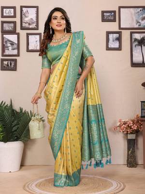Yellow tissue silk blend saree with weaving zari work 2