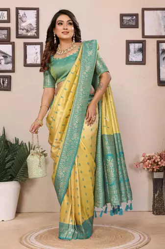 Yellow tissue silk blend saree with weaving zari work