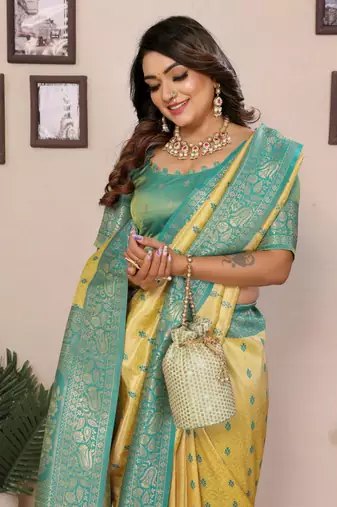 Yellow tissue silk blend saree with weaving zari work