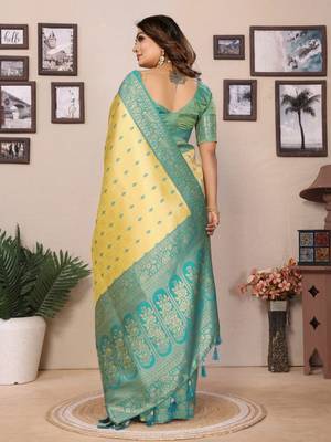 Yellow tissue silk blend saree with weaving zari work 4