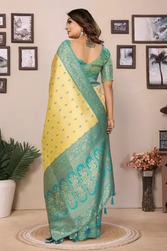 Yellow tissue silk blend saree with weaving zari work