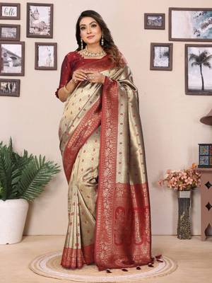 Beige tissue silk blend saree with weaving zari work 1