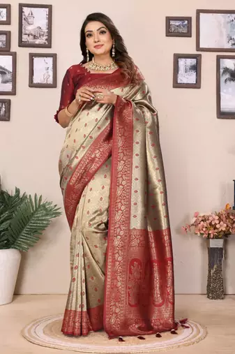Beige tissue silk blend saree with weaving zari work