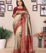 Beige tissue silk blend saree with weaving zari work