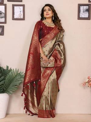 Beige tissue silk blend saree with weaving zari work 2