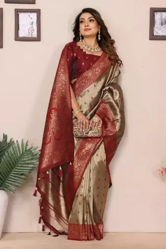 Beige tissue silk blend saree with weaving zari work