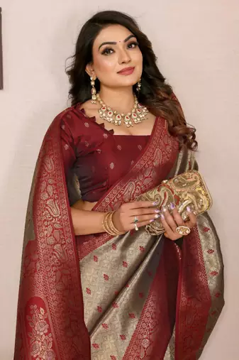 Beige tissue silk blend saree with weaving zari work
