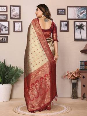 Beige tissue silk blend saree with weaving zari work 4