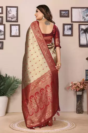 Beige tissue silk blend saree with weaving zari work