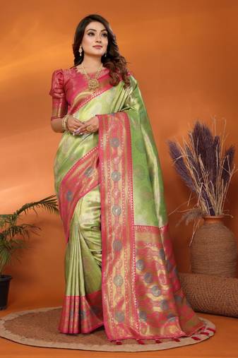 Green banarasi tissue silk blend saree with weaving work