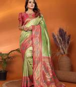 Green banarasi tissue silk blend saree with weaving work