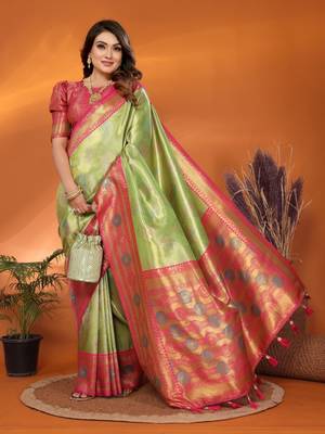 Green banarasi tissue silk blend saree with weaving work 2