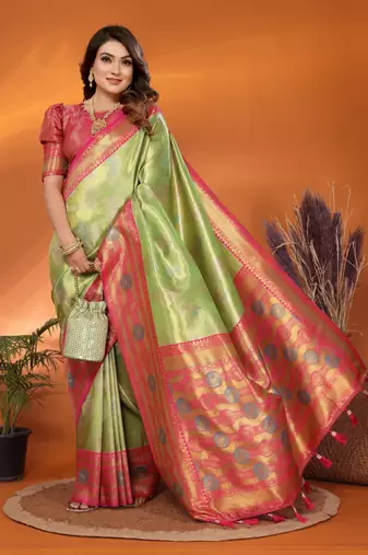 Green banarasi tissue silk blend saree with weaving work