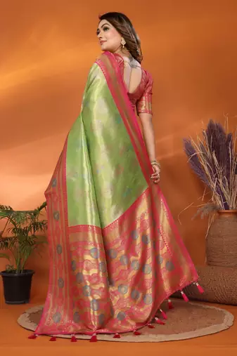 Green banarasi tissue silk blend saree with weaving work