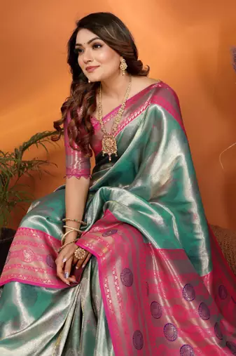 Sky blue banarasi tissue silk blend saree with weaving work