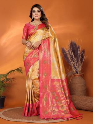 Yellow banarasi tissue silk blend saree with weaving work 1