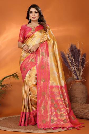 Yellow banarasi tissue silk blend saree with weaving work