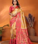 Yellow banarasi tissue silk blend saree with weaving work