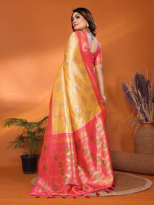 Yellow banarasi tissue silk blend saree with weaving work 4