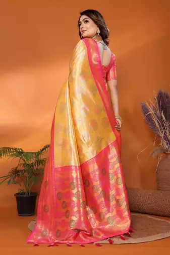 Yellow banarasi tissue silk blend saree with weaving work