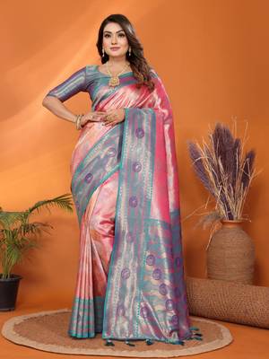 Pink banarasi tissue silk blend saree with weaving work 1