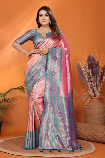 Pink banarasi tissue silk blend saree with weaving work